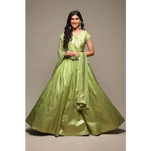 Biba Light Green Print Ethnic Round Neck Short Sleeves Women Straight Fit Lehenga Set size 40
